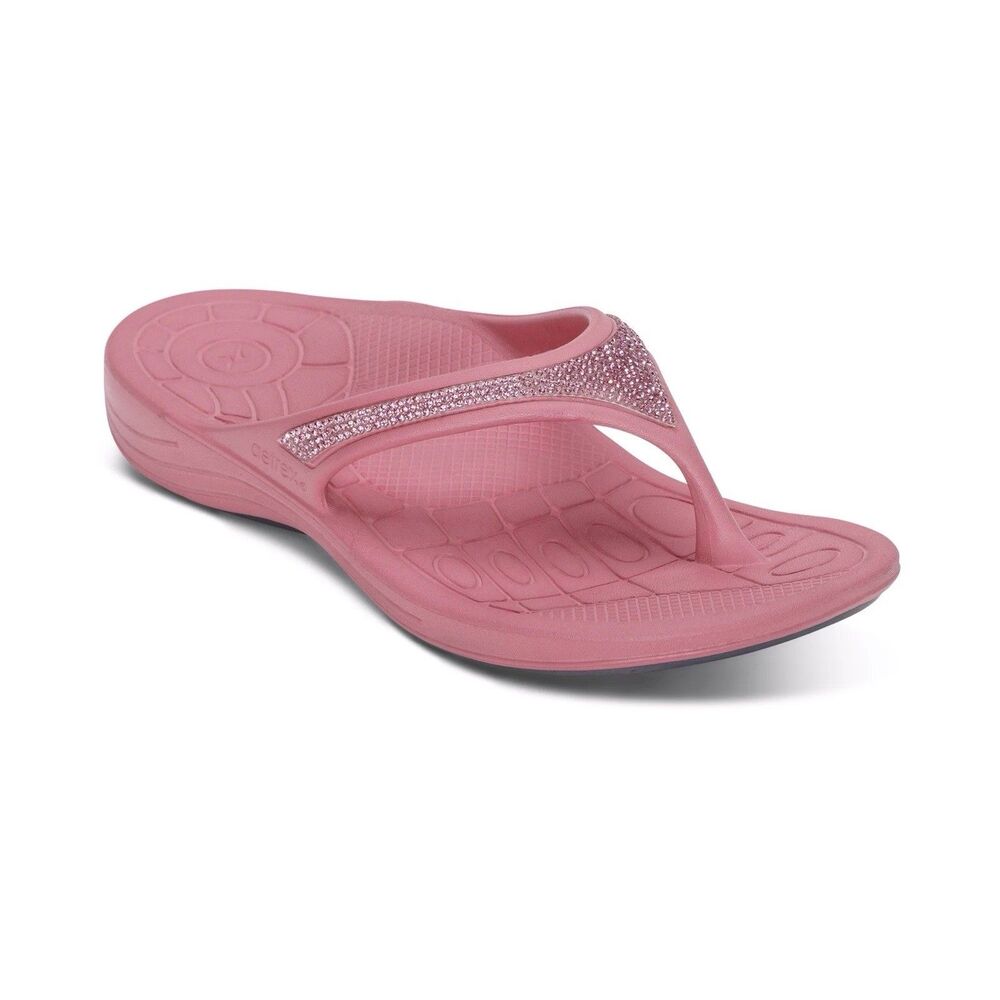 NEW Aetrex Womens 6 Pink Fiji Sparkle Water-Friendly Orthotic Recovery Sandals